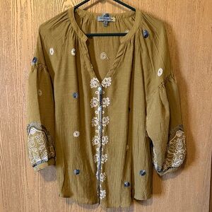 Figueroa & Flower Anthro Olive Mustard Embroidered Blouse